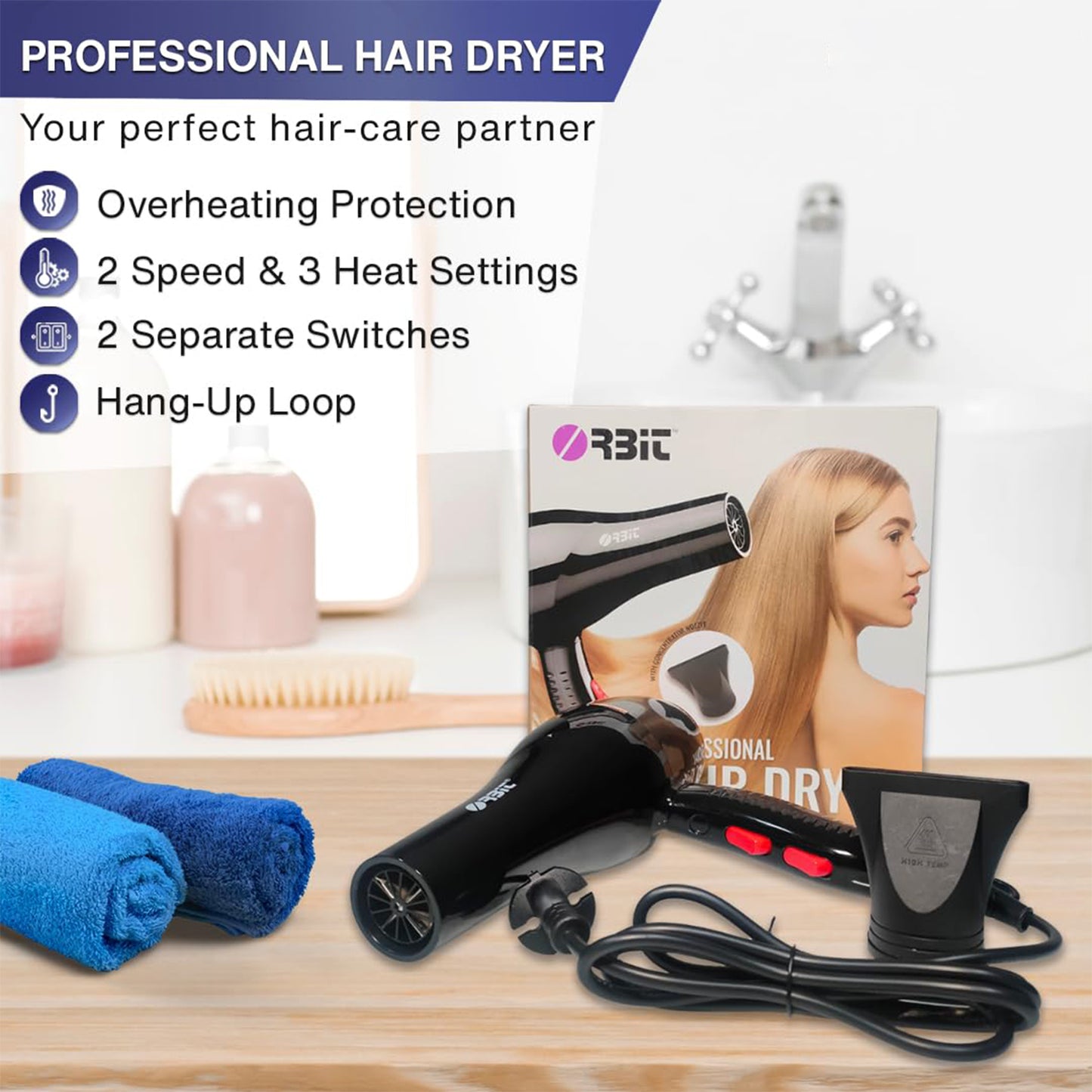 Wukusy Orbit Professional Electric Hair Dryer with concentrator nozzle, black and silver, showing the sleek design and nozzle attachment