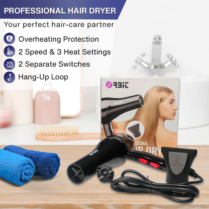 Wukusy Orbit Professional Electric Hair Dryer with concentrator nozzle, black and silver, showing the sleek design and nozzle attachment