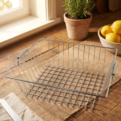 Wukusy stainless steel kitchen sink basket, 12x15 inch, for draining and organizing utensils or produce in a durable kitchen accessory.