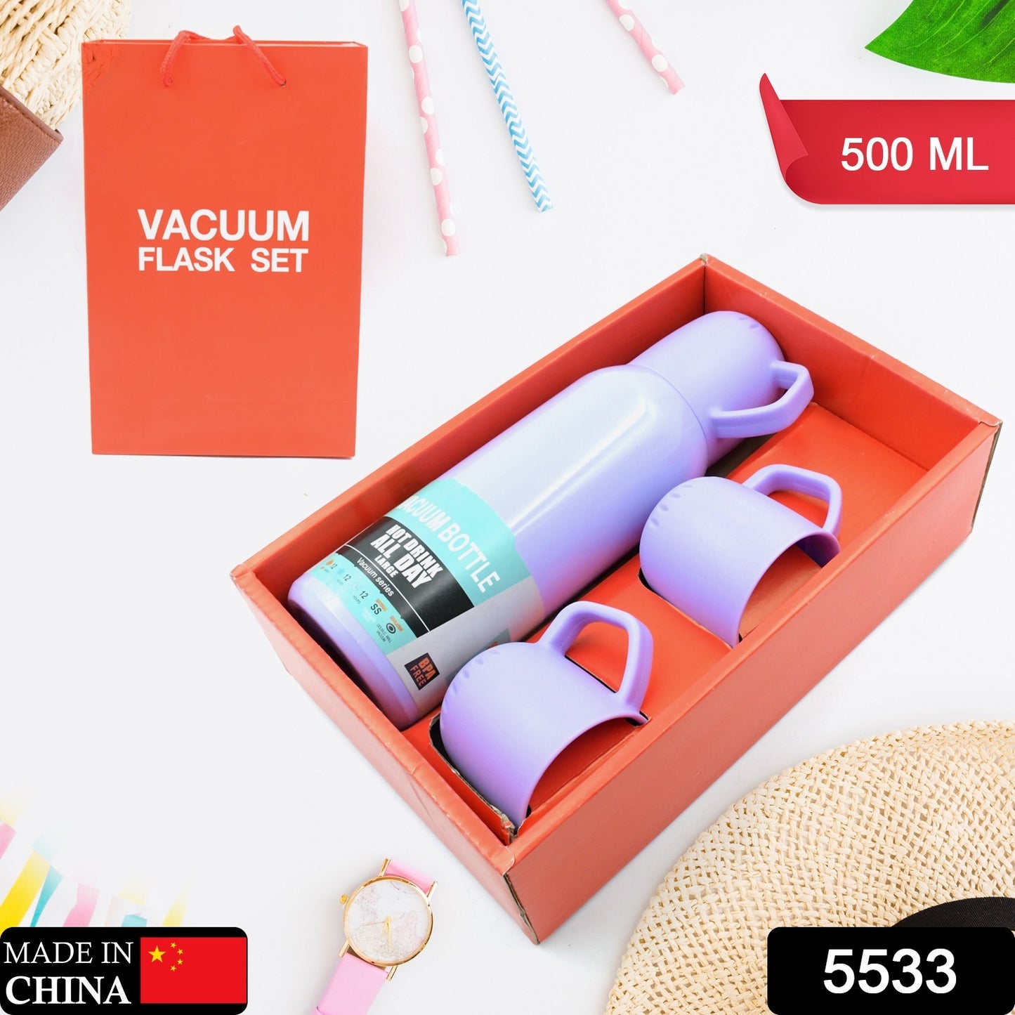 Wukusy stainless steel vacuum flask set with 3 cups, cover handle, portable car water bottle, approx 500ml, creative gift set