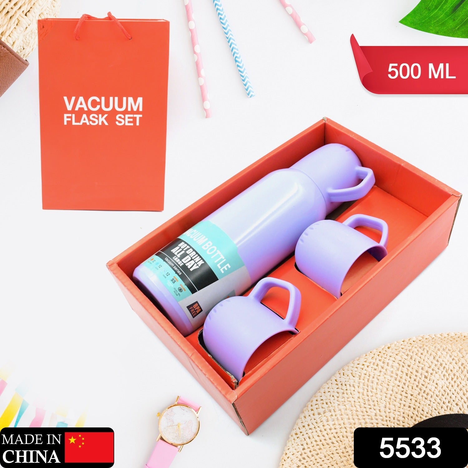 Wukusy stainless steel vacuum flask set with 3 cups, cover handle, portable car water bottle, approx 500ml, creative gift set