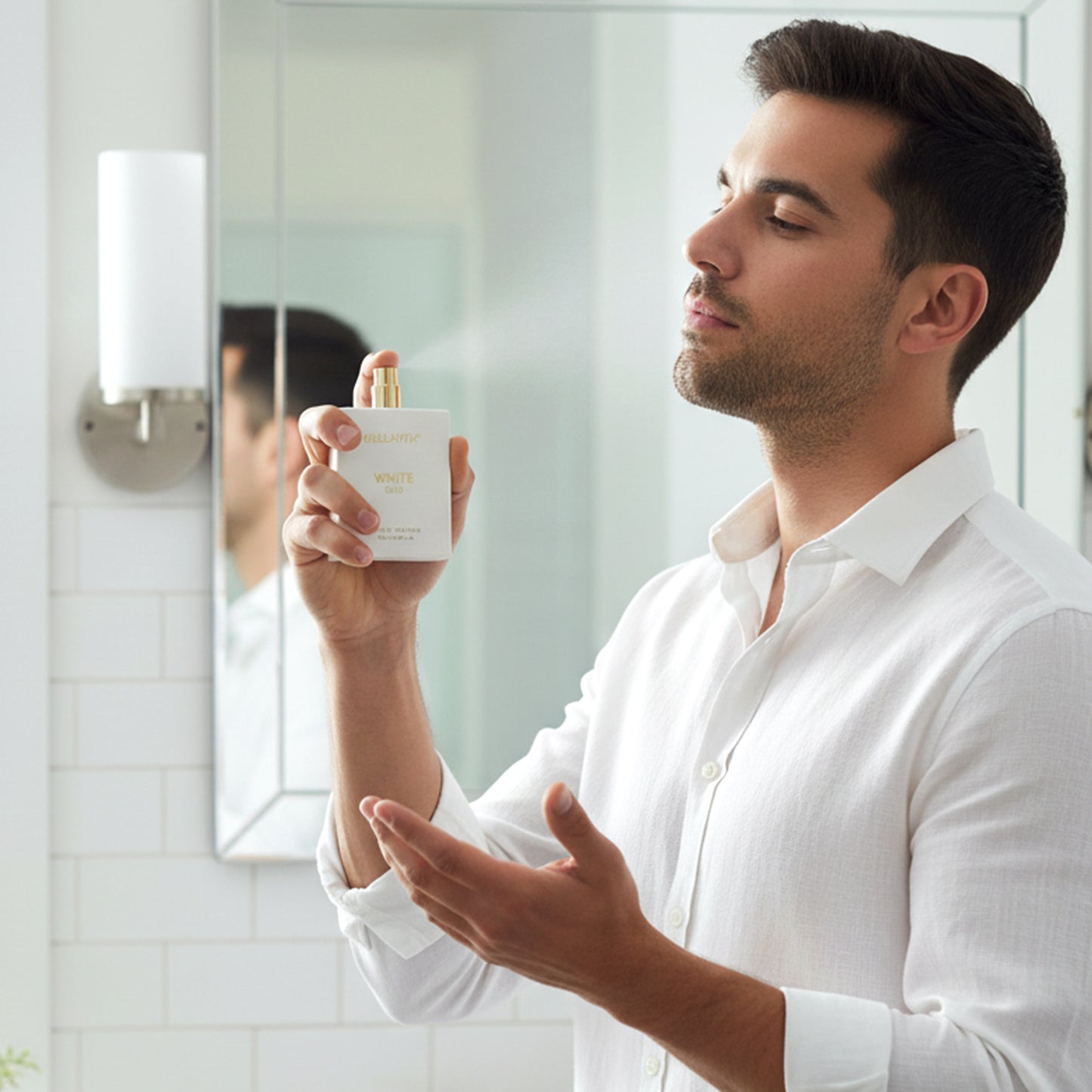 Bellavita Premium White Oud Eau De Perfume bottle by Wukusy, featuring elegant white packaging and a sleek design.