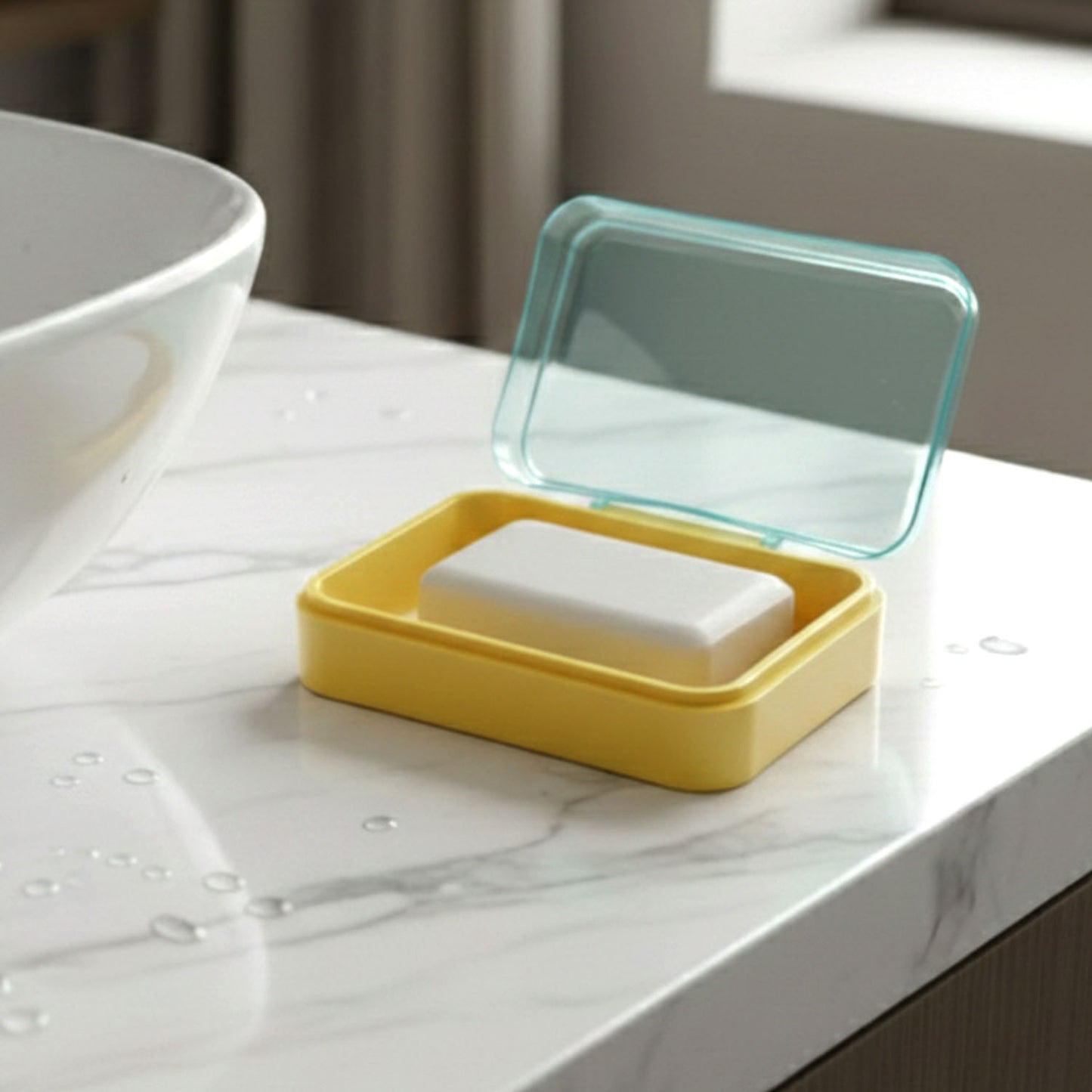 Plastic soap case with a cute smiley face design by Wukusy, featuring a bright yellow color and compact shape for easy carrying.