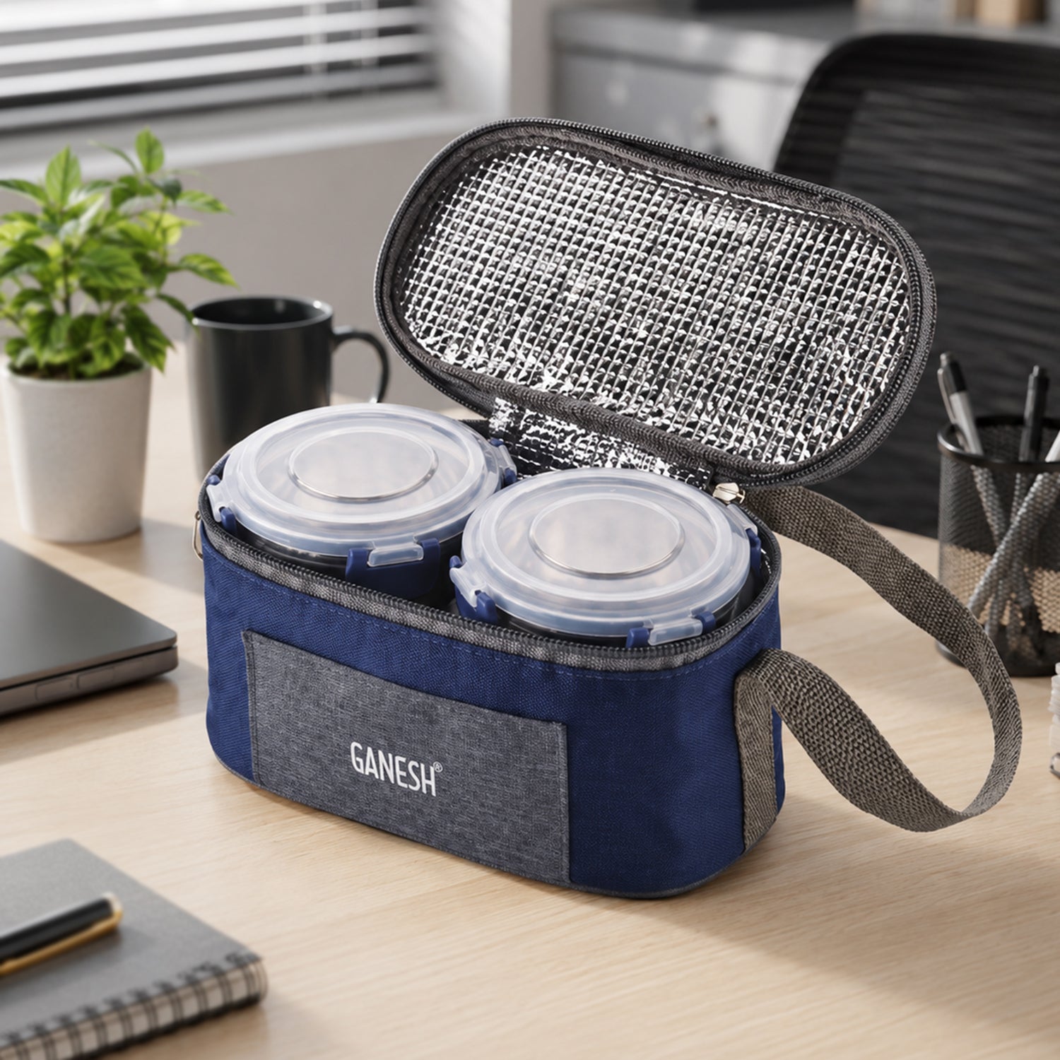 Wukusy Ganesh Neo Fusion 3 stainless steel lunch box set with three compartments and secure lids for convenient meal storage
