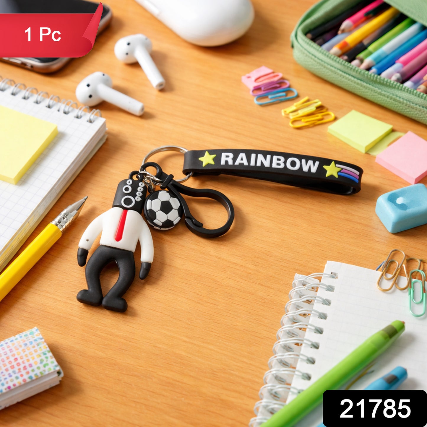 Rainbow strap cartoon football boy keychain by Wukusy, featuring a colorful football-themed boy figure with a rainbow strap.