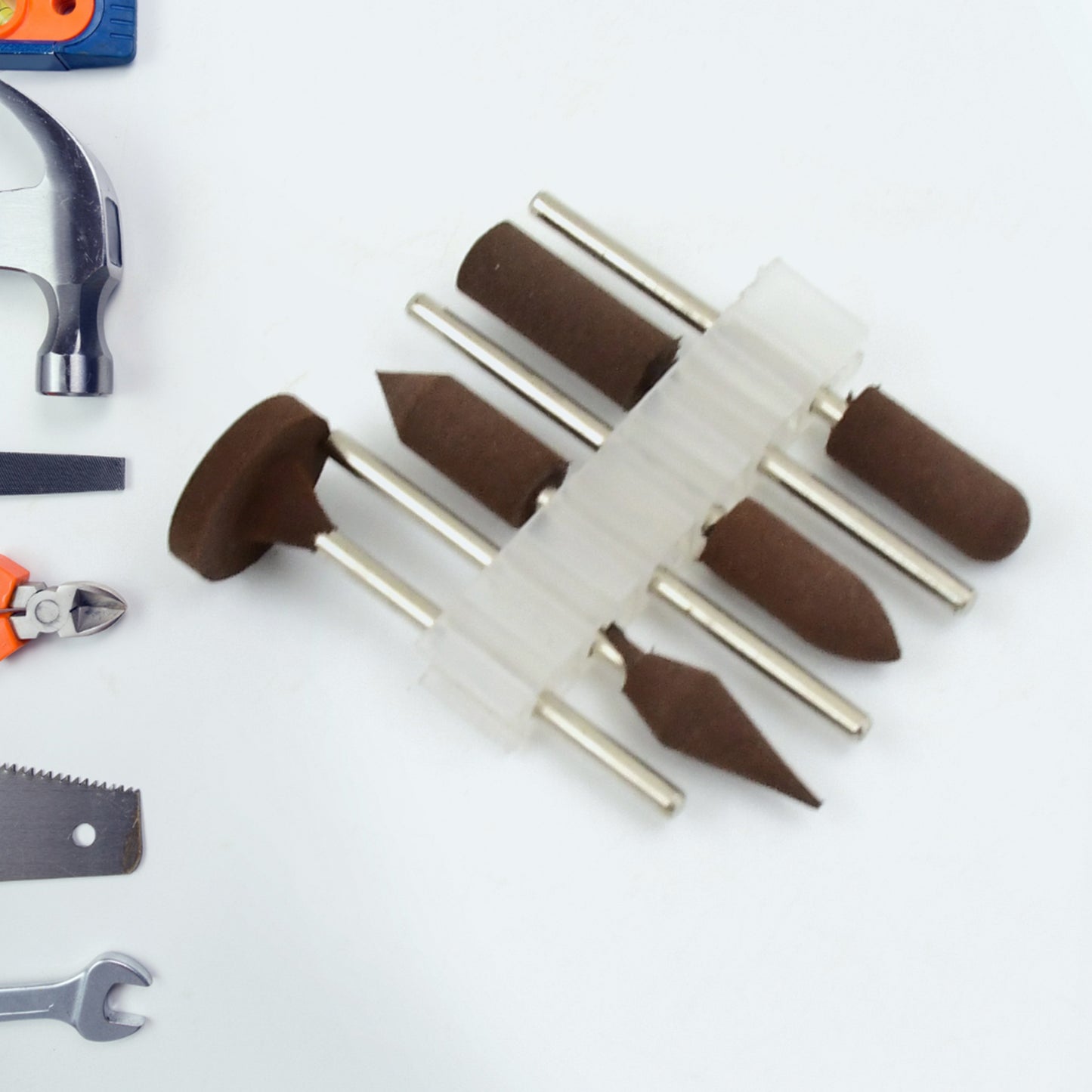 Set of six Wukusy mounted grinding wheel bits with abrasive stone heads for rotary tool home improvement projects.