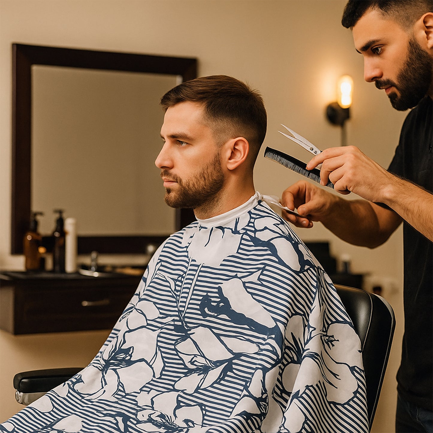 Wukusy professional barber hair cutting cape draped over a chair, made of lightweight, durable fabric for salon haircuts.