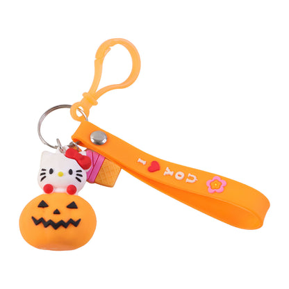 Wukusy cute cartoon kitty pumpkin keychain with smiling cat face and orange pumpkin design on a keyring.