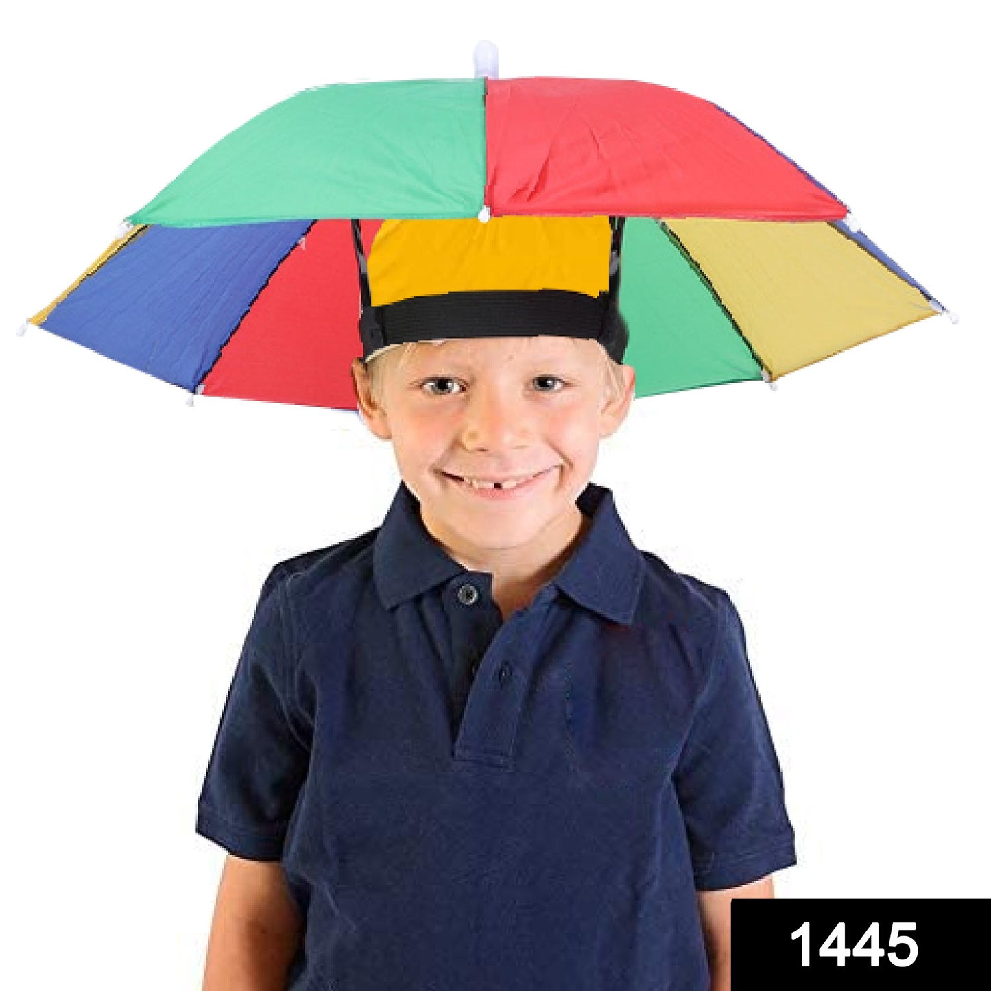 Wukusy 1445 hands-free umbrella hat with wide brim for sun and rain protection, worn on a person's head.