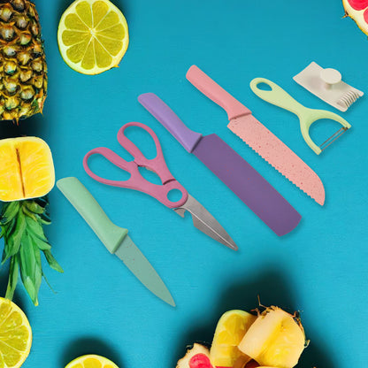 Set of six colorful Wukusy professional kitchen knives with stainless steel blades and ergonomic handles for home cooking.