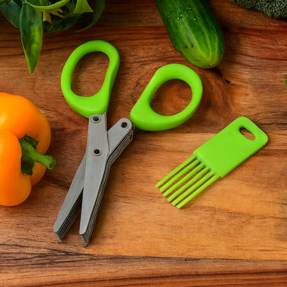 Wukusy premium 5-blade multipurpose kitchen scissors with cleaning comb, showing sharp blades and ergonomic handles for versatile use