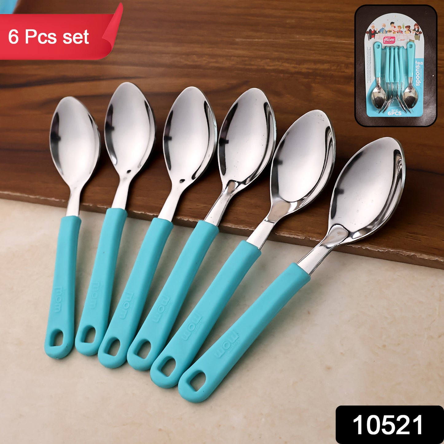 Set of six Wukusy Supermom stainless steel tea spoons, shiny and polished, arranged on a white surface.