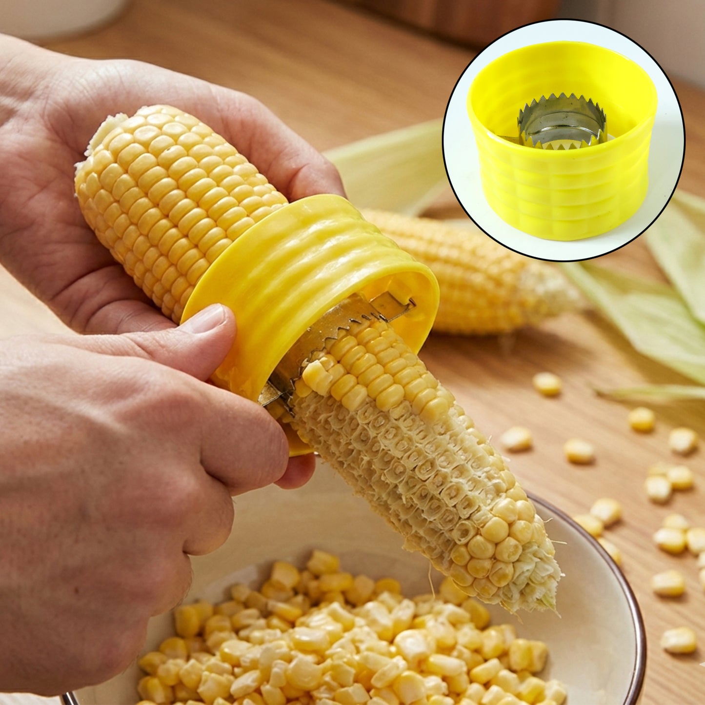 Wukusy handheld corn kernel stripper and peeler tool showing the stainless steel blade and ergonomic handle for easy corn removal