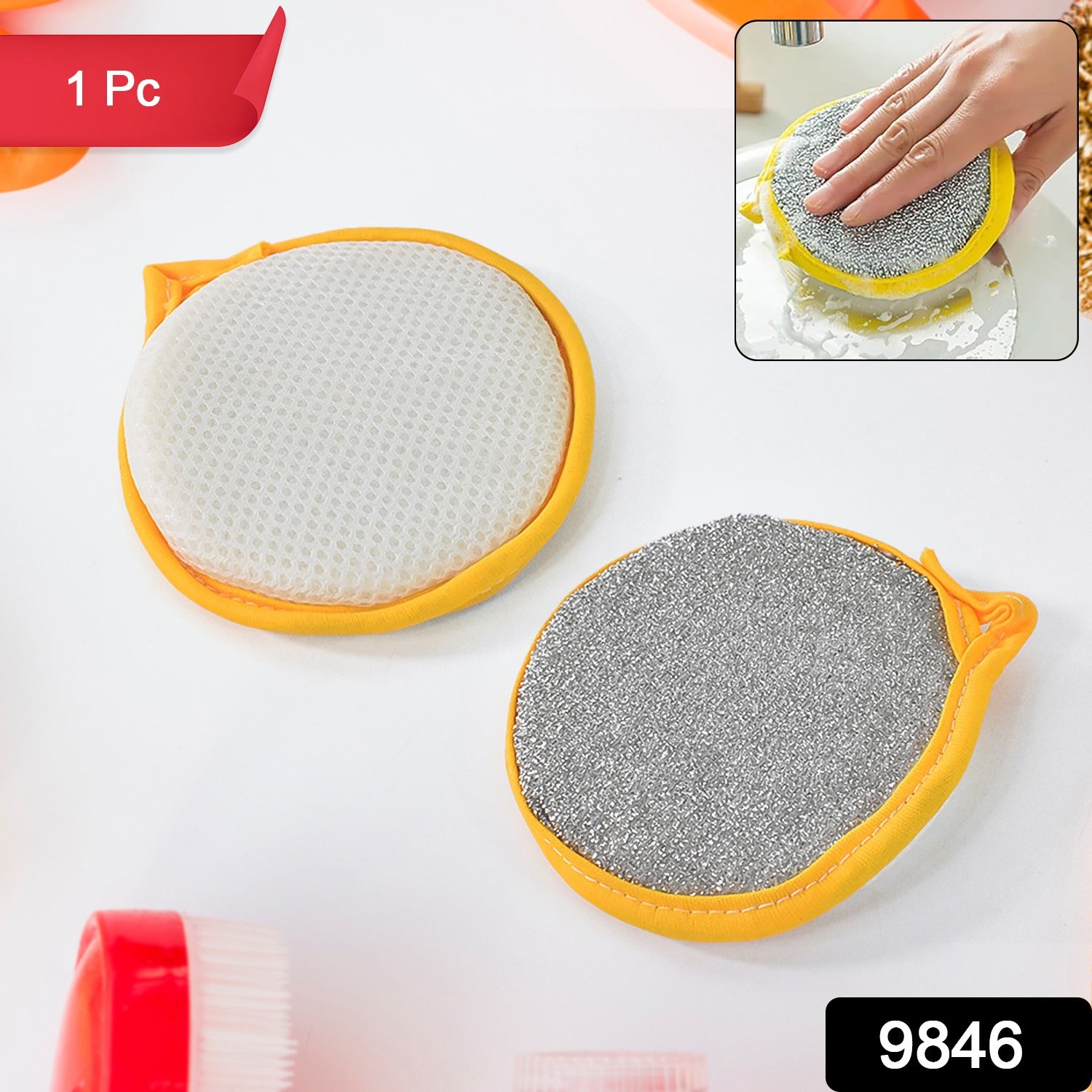 Wukusy double-sided dishwashing sponge and brush for cleaning dishes and kitchen surfaces, featuring soft and scrubby textures.