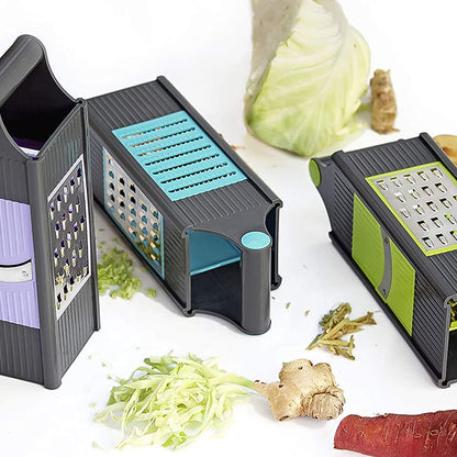 Wukusy 4-in-1 vegetable and fruit slicer grater kitchen tool with steel and plastic components, showing multiple slicing and grating surfaces.