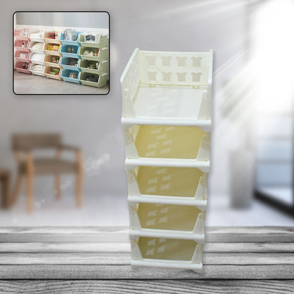 Wukusy 5-layer stackable multifunctional storage organizer with foldable drawers for clothes, kitchen, pantry, or bathroom use.