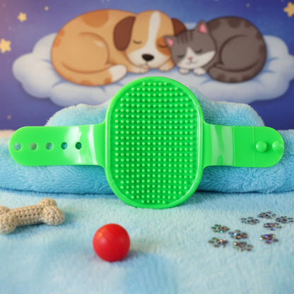 Wukusy pet grooming bath brush with adjustable hand strap for dogs and cats, showing bristles and ergonomic design in use