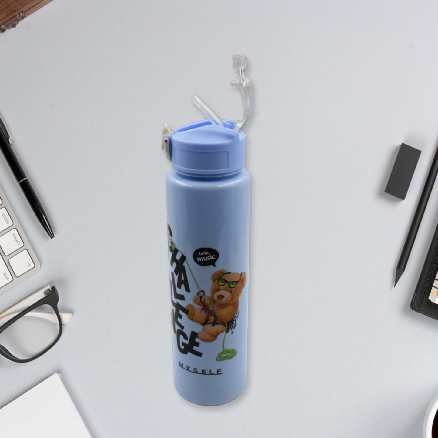 Wukusy 8403 plastic water bottle 3-piece set with cartoon prints, BPA-free, leak-proof, in different sizes for kids, school, gym, and sports.