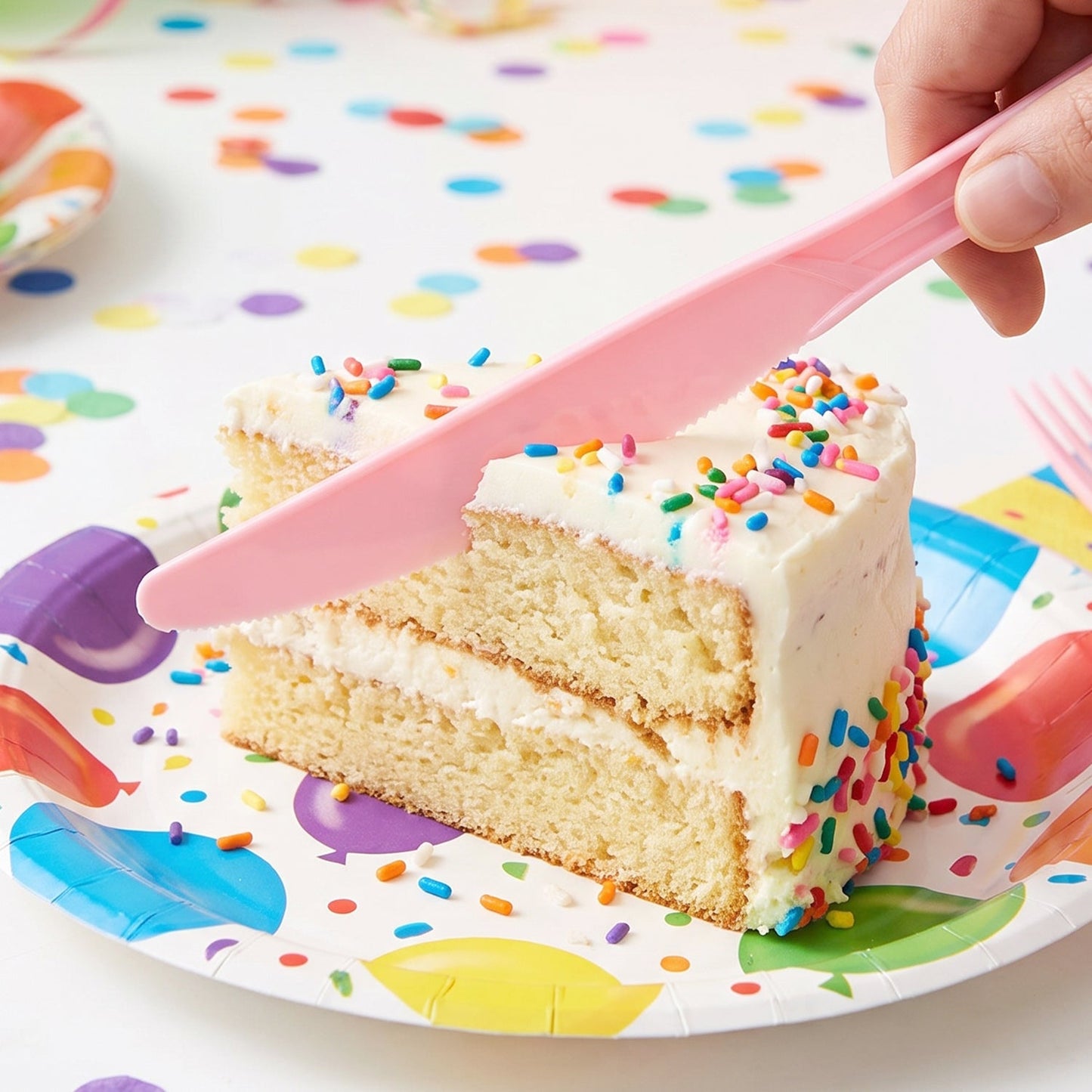 Set of 24 multicolor plastic dessert knives by Wukusy, perfect for parties, arranged in a colorful display.
