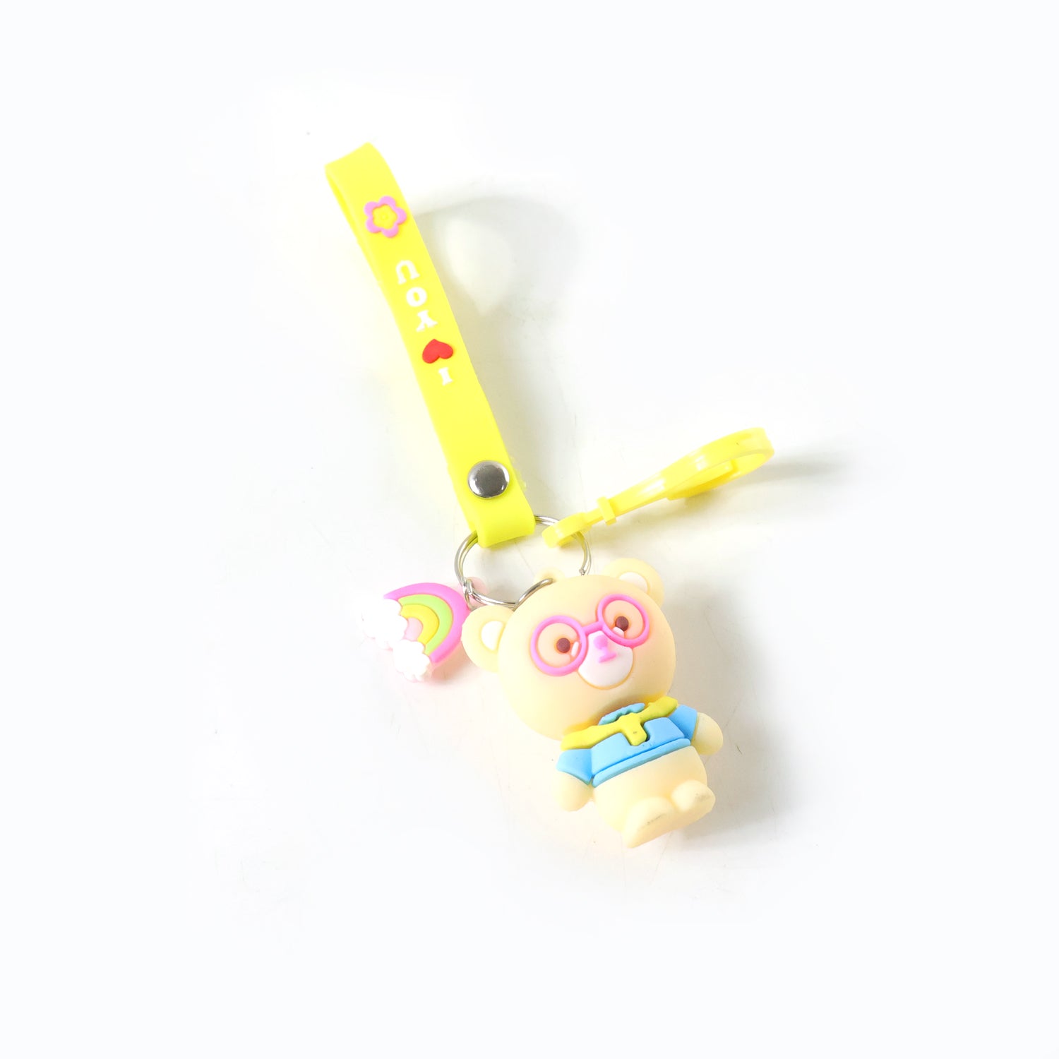 Wukusy cute cartoon teddy bear keychain with yellow "I Love You" strap, featuring a plush teddy bear design on a keyring.