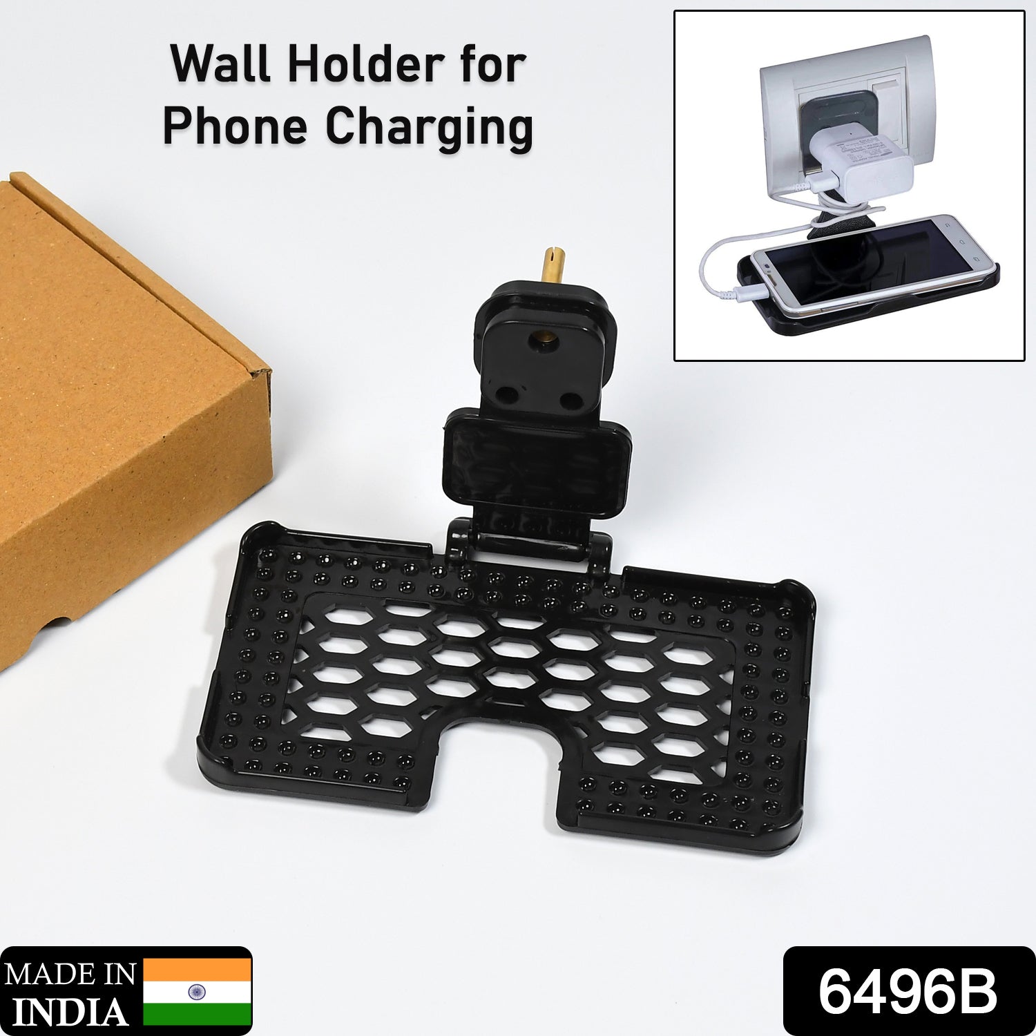 Black Wukusy multi-purpose wall holder stand for mobile charging, fits in socket and allows phone hanging.