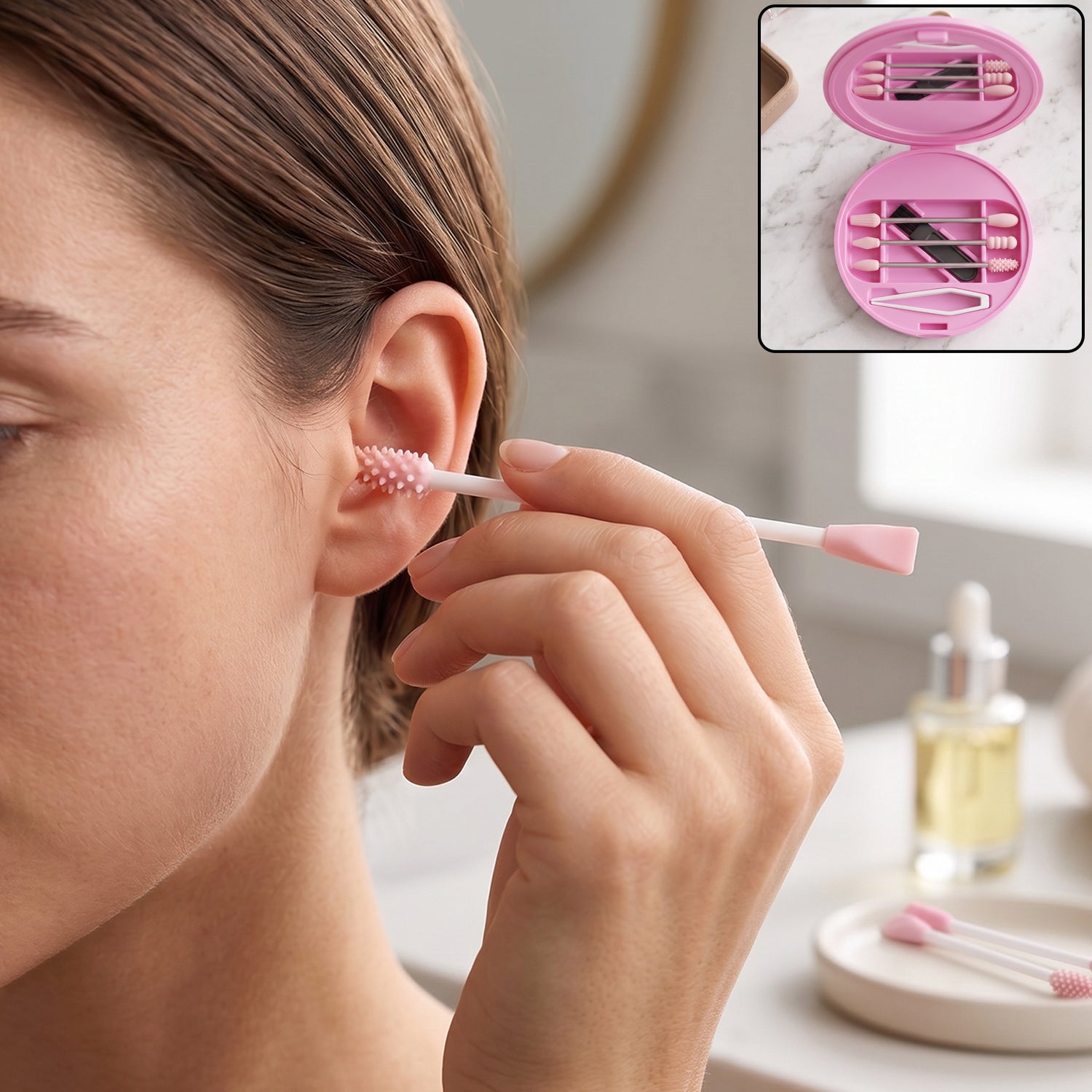 Wukusy reusable silicone cotton swab set with mirror case and washable ear buds, compact and eco-friendly personal hygiene tool