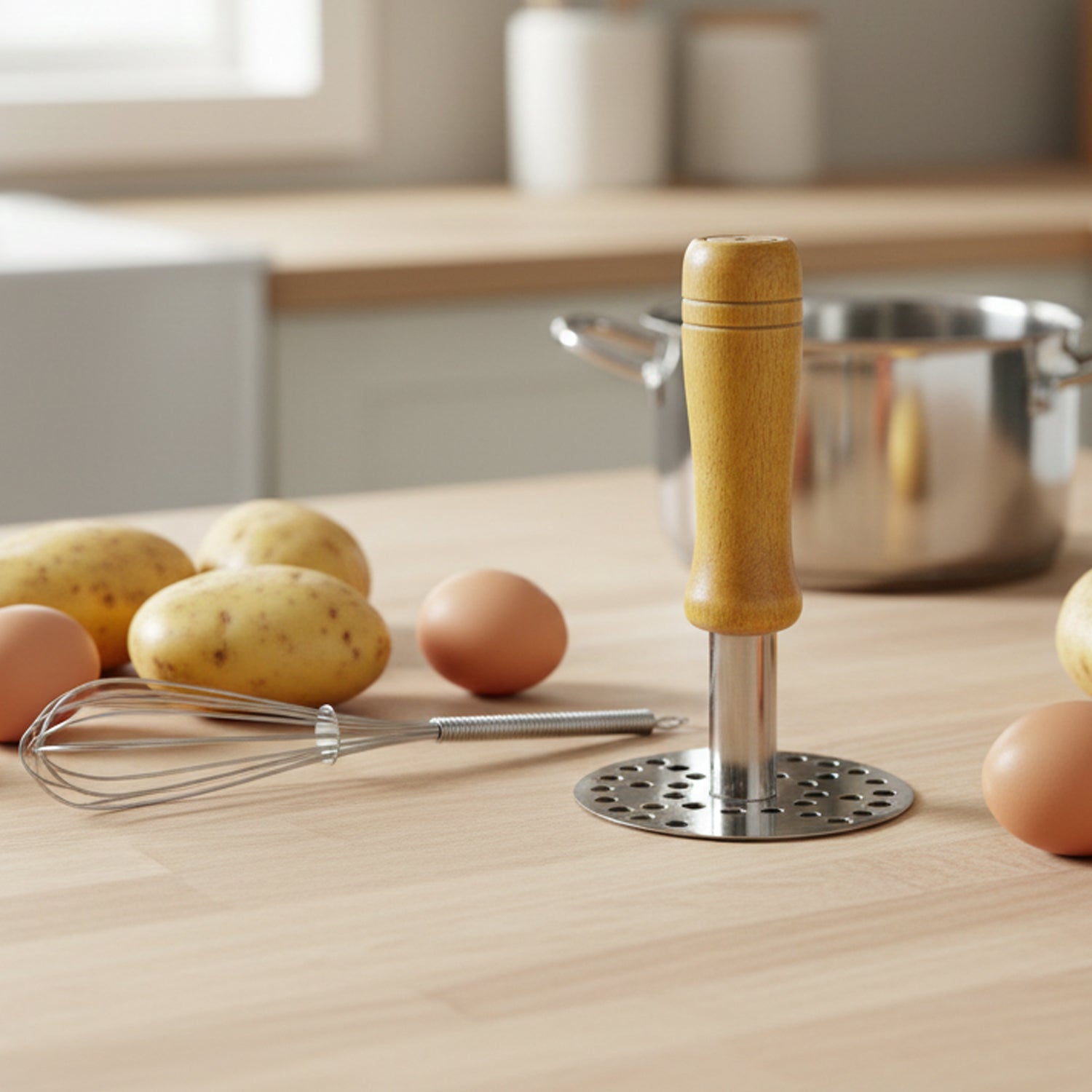 Wukusy stainless steel manual whisk and pav bhaji potato masher set, showing a shiny whisk and masher with ergonomic handles.