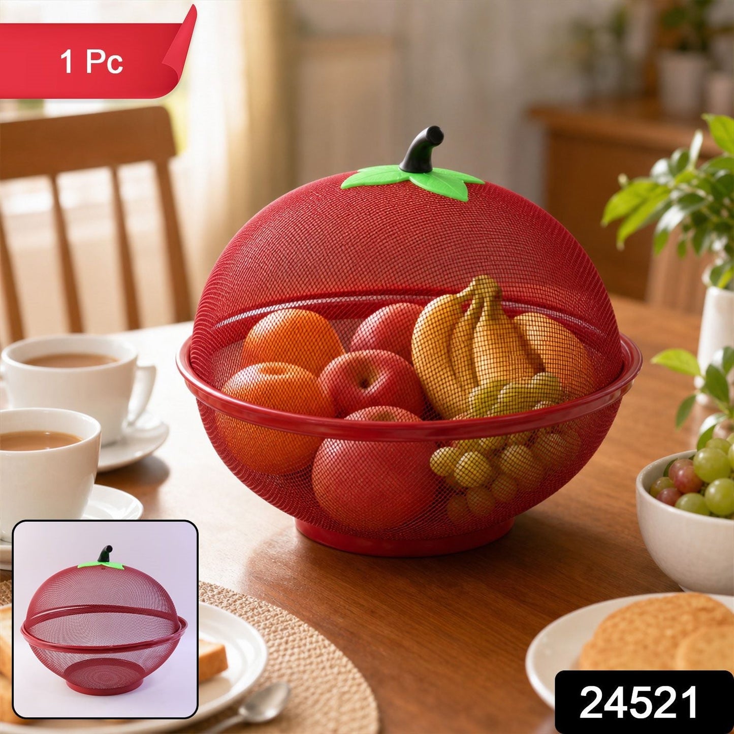Wukusy metal net fruit basket with apple-shaped dome cover, kitchen storage for fresh fruits and vegetables.
