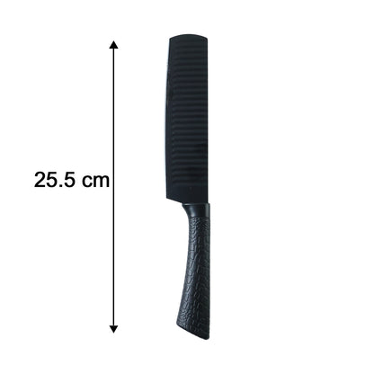 Wukusy 6-in-1 premium kitchen knife set with various knives and a knife sharpener on a wooden countertop.
