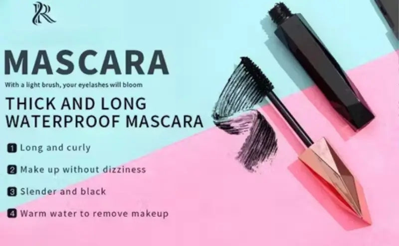 Ekom Volumizing Smudge-Proof Black Mascara in 12ml with thick, defined lashes, showcasing its brush and smooth formula.