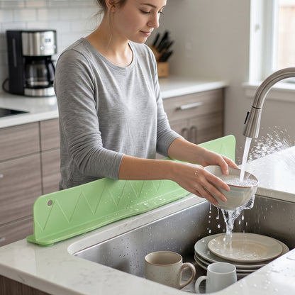 Flexible silicone kitchen sink splash guard in 48 cm from Wukusy, shown protecting sink edges from water splashes.