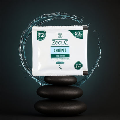 Wukusy Zequz Nourishing Conditioning Shampoo sachet, 5ml, single-use, natural hair care product, close-up of the sachet.