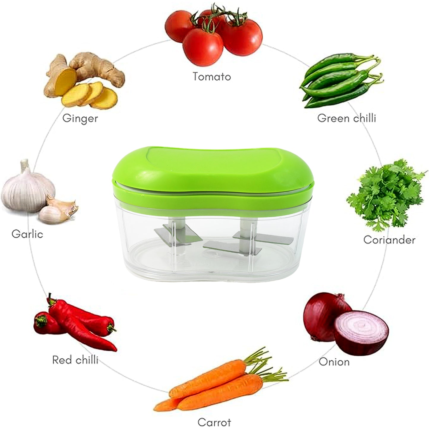 Wukusy manual hand push garlic cutter and vegetable chopper on a kitchen countertop, designed for easy food prep.