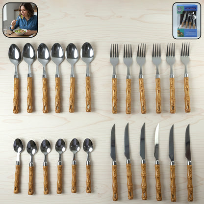 24-piece stainless steel cutlery set with wooden finish handles from Wukusy, including knives, forks, spoons, and teaspoons.