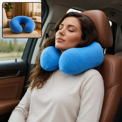 Blue U-shaped Wukusy travel neck pillow providing soft head and neck support for comfortable travel.