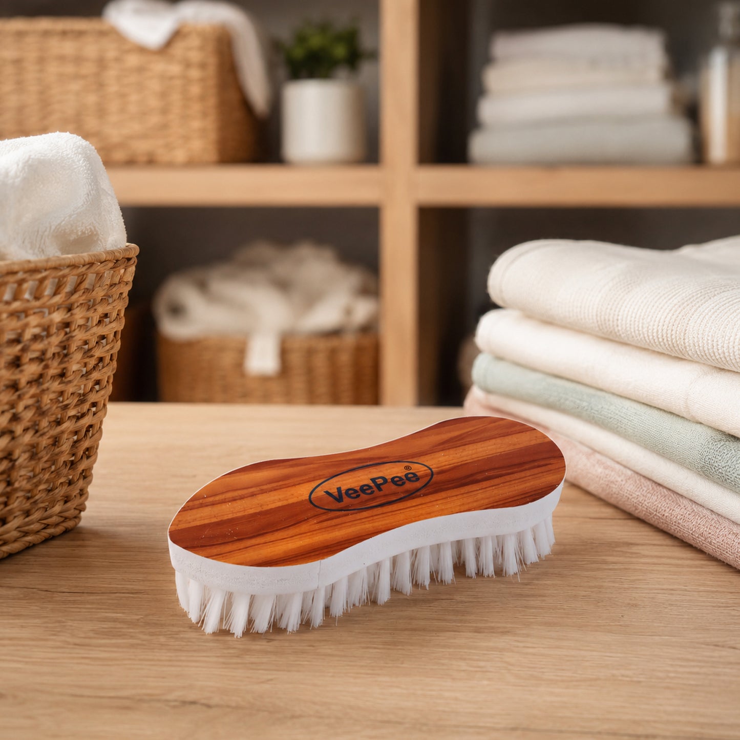 Wukusy Veepee ergonomic cloth washing brush with wooden handle and bristles for effective fabric cleaning.