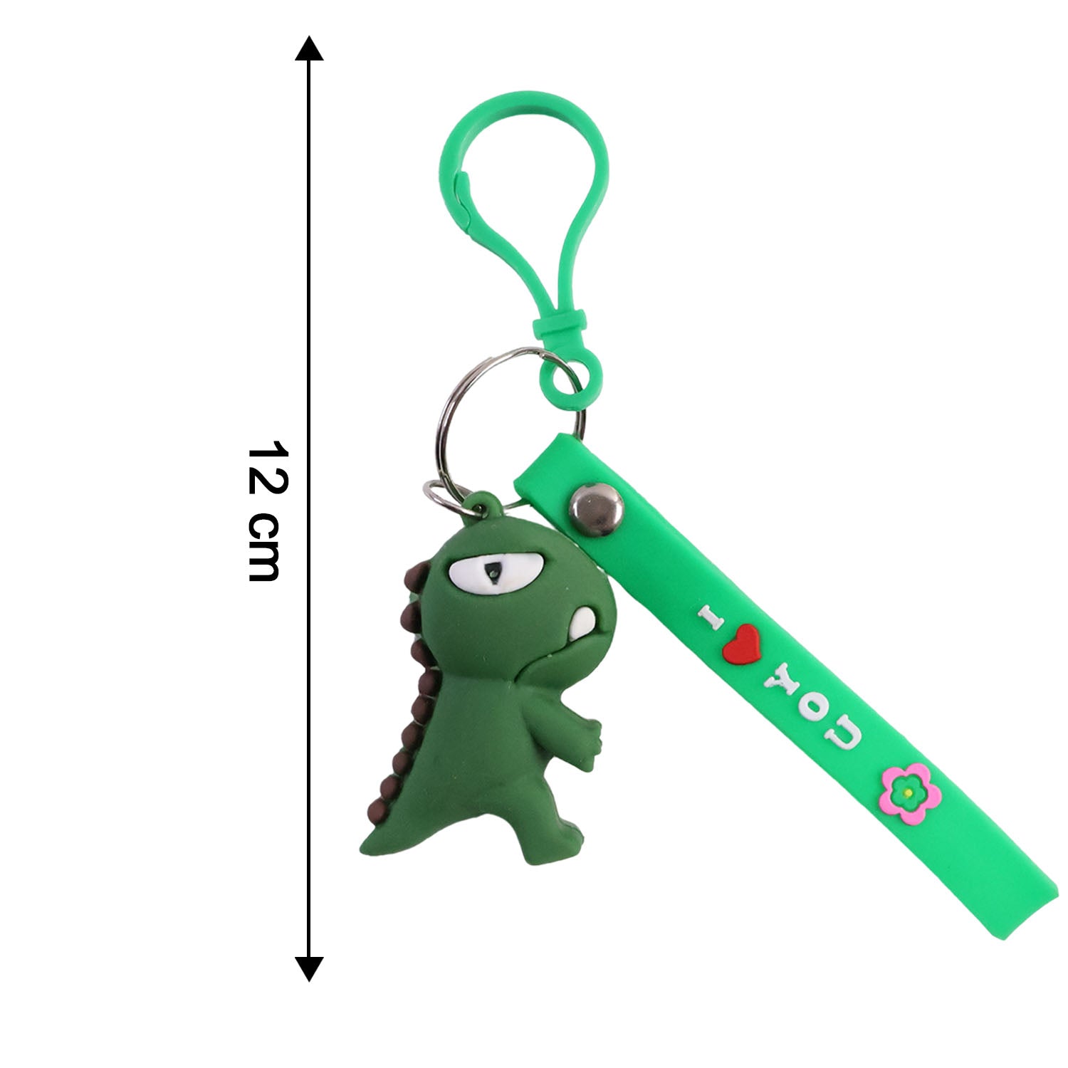 Cute dinosaur cartoon silicone keychain by Wukusy, featuring a colorful, playful dinosaur design on a keyring.