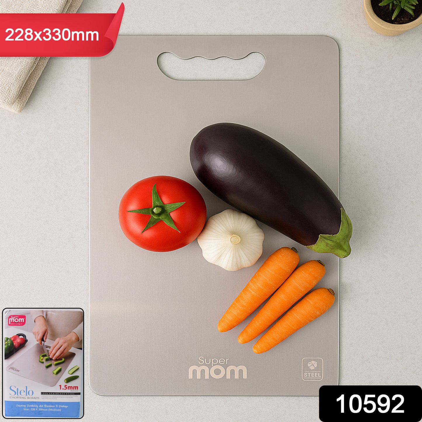 Wukusy Supermom Medium Stello stainless steel chopping board for kitchen prep, with a sleek, durable surface for chopping and slicing.