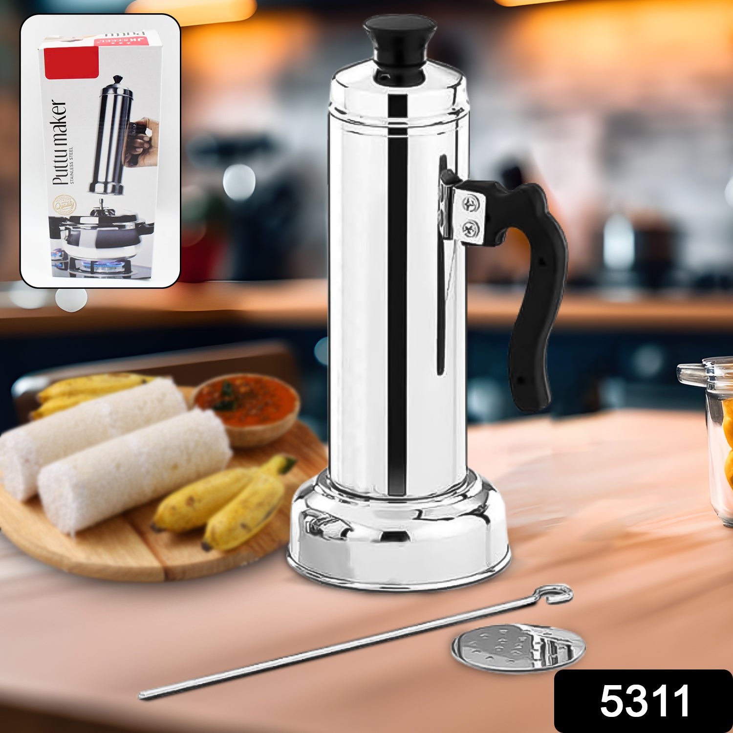 Wukusy 5311 Puttu Maker set with stainless steel steamer plate, black plastic handle, silver lid, designed for pressure cooker use