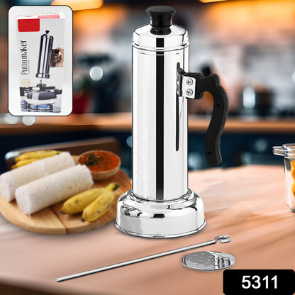 Wukusy 5311 Puttu Maker set with stainless steel steamer plate, black plastic handle, silver lid, designed for pressure cooker use