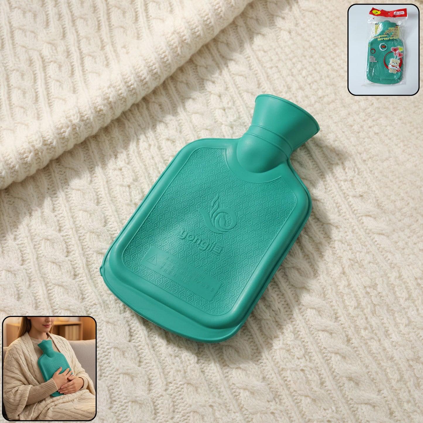 Wukusy reusable hot water bottle, 26 cm long and 15.5 cm wide, with a flexible rubber body and screw cap for hot or cold use.