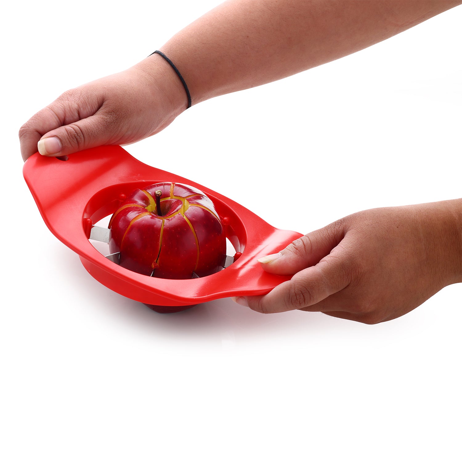 Wukusy 8124 Ganesh stainless steel apple cutter with colorful plastic handle, designed for easy and even apple slicing.