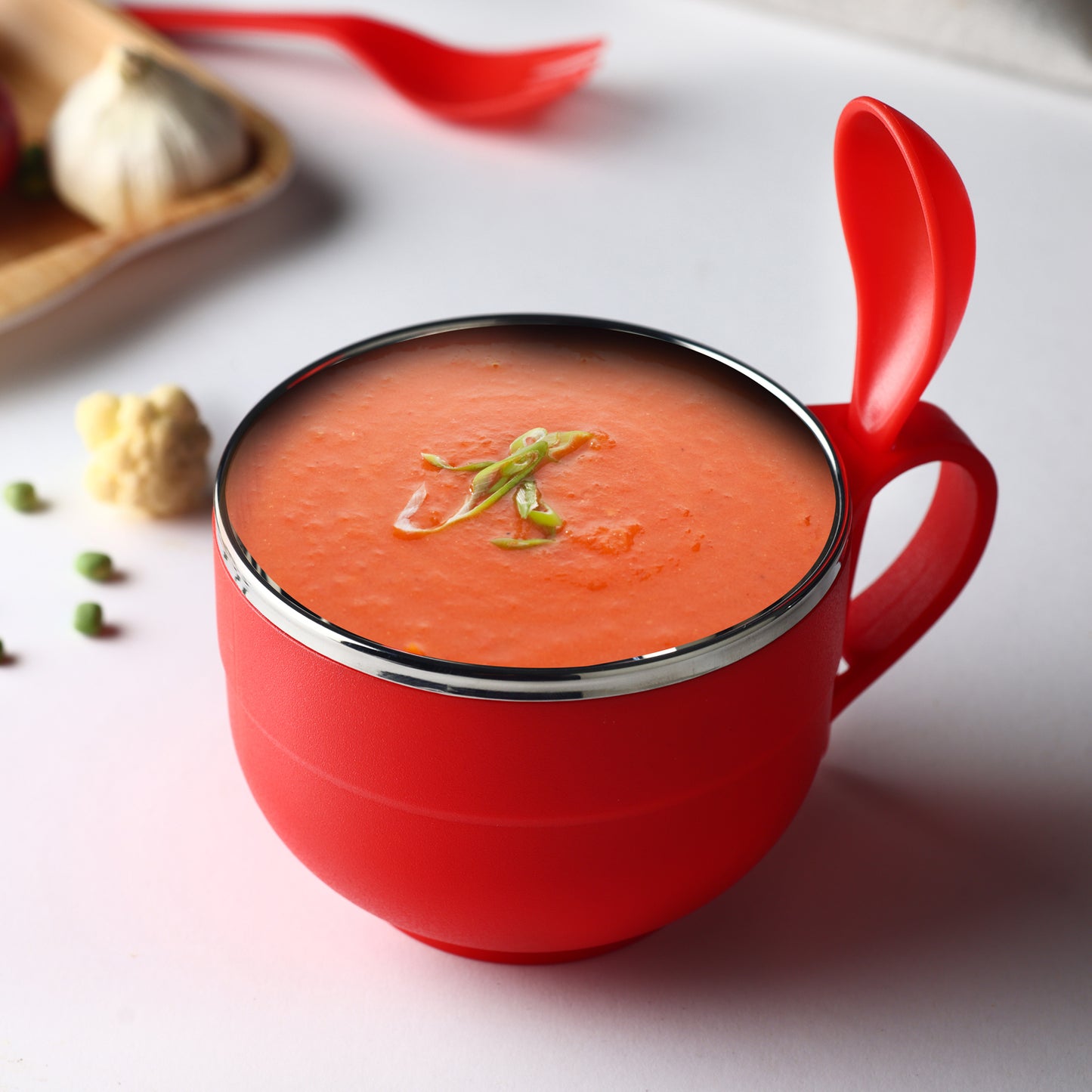 Wukusy stainless steel soup bowl with handle spoon and fork set, includes spoon holder for kitchen and dining use.