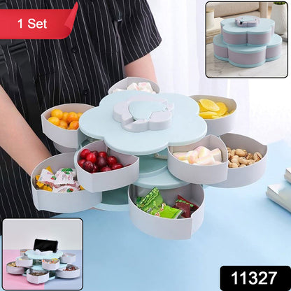 Wukusy rotating flower-shaped candy dish and snack box with multiple sections and built-in phone holder, featuring vibrant floral design.