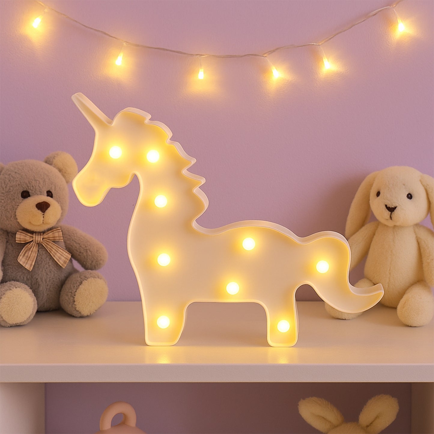 Unicorn-shaped LED night light in soft pastel colors, designed for home decor, by Wukusy, illuminating a cozy bedroom setting.