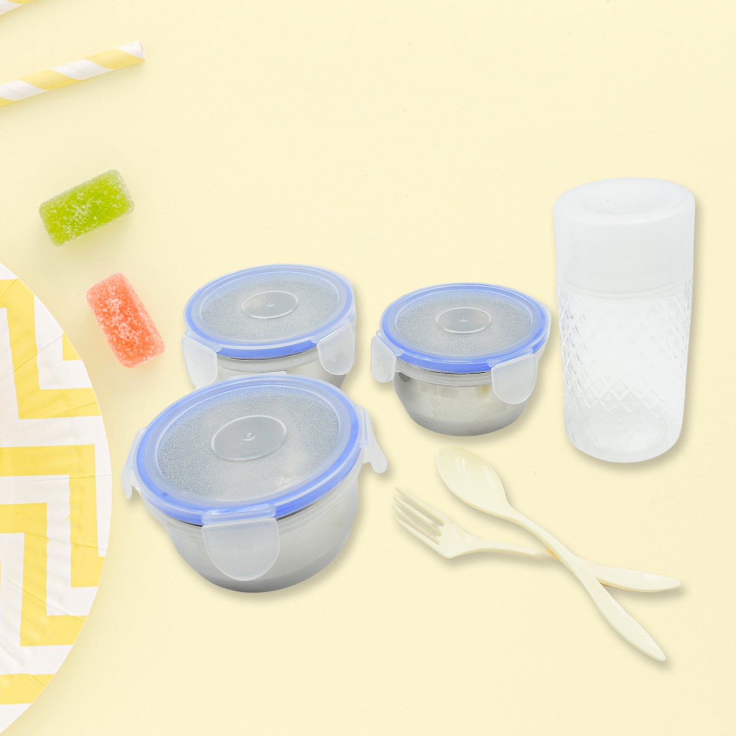 Wukusy 6-in-1 stainless steel tiffin box set with containers, plastic lid, bottle, spoon, fork, and insulated fabric bag for lunch.