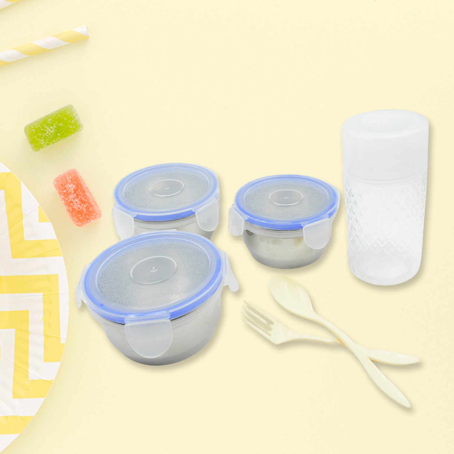 Wukusy 6-in-1 stainless steel tiffin box set with containers, plastic lid, bottle, spoon, fork, and insulated fabric bag for lunch.