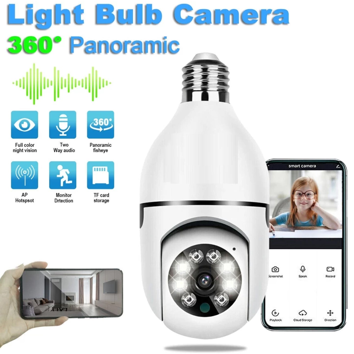 Wukusy V380 Pro fisheye 360-degree panoramic wireless WiFi CCTV security camera for office surveillance, showing camera lens and mounting.