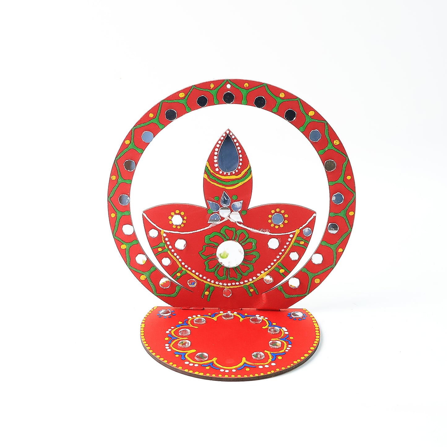 Handcrafted wooden diya stand for home decor, featuring a natural finish and intricate design, by Wukusy.