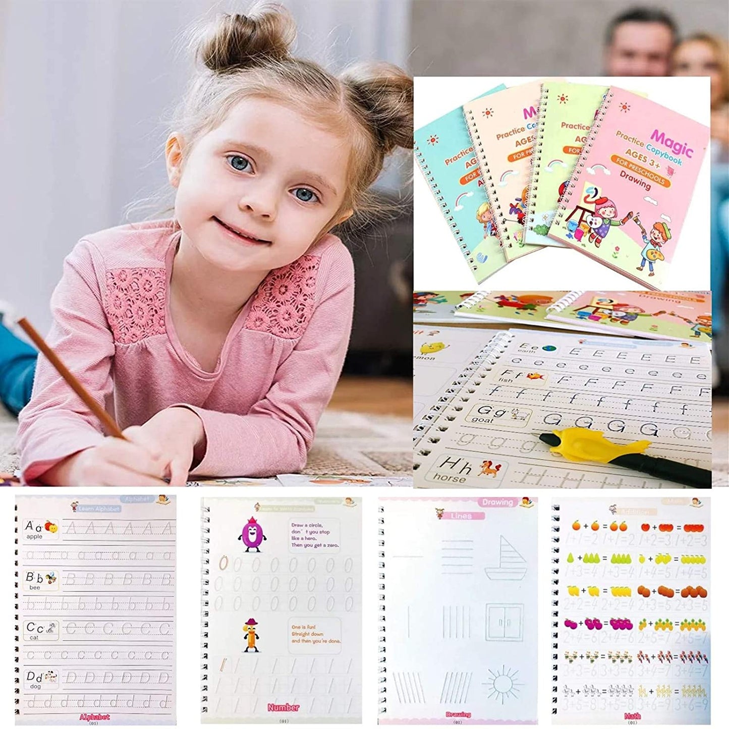 Wukusy 8075 4-piece magic copybook set for kids and adults, used for writing important notes and emergency information.